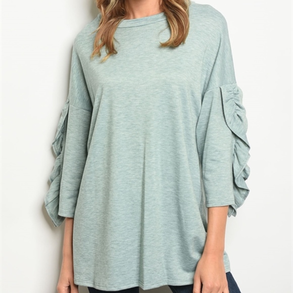 SAGE TUNIC TOP! Long sleeve ruffled scoop neck - Picture 1 of 2